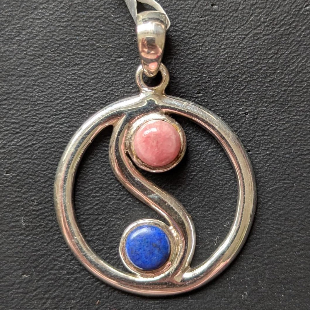 Silver Yin Yang Pendant - Rhodochrosite & Lapis Lazuli