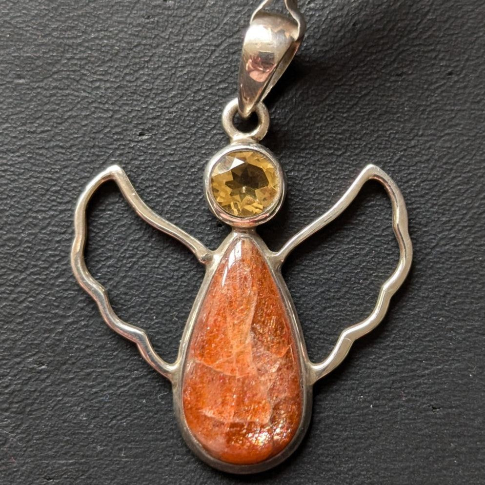 Silver Angel Pendant - Sunstone & Topaz